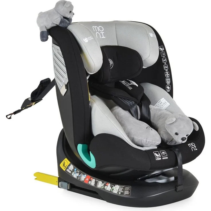Moni Kindersitz Serengeti i-Size (40-150cm) Isofix, Kuscheltier, Nackenkissen grau – Bild 3