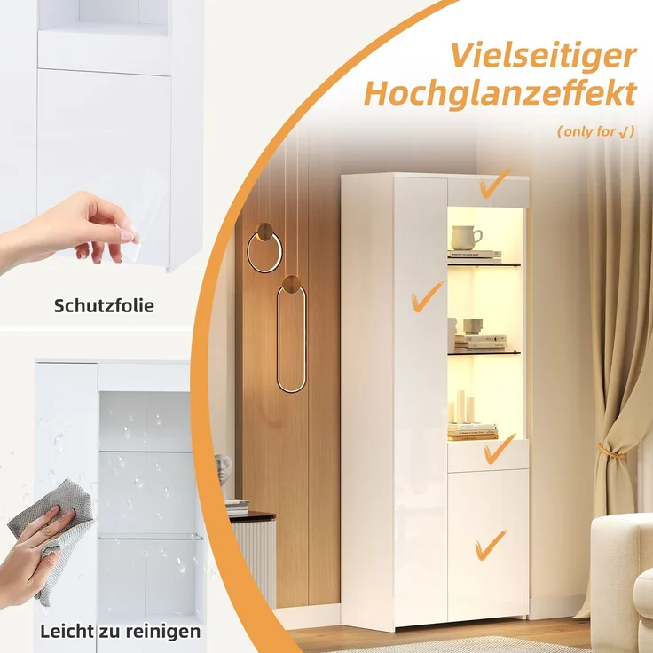 70*35*180cm Vitrine mit Schubladen, Vitrine Hochglanz, Glasvitrine mit LED-Beleuchtung,Hochschrank, Highboard Mit Schrank , Standvitrine,Trennwandlagerung, empfohlene Tragkraft 45kg – Bild 6