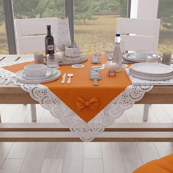PETTI Artigiani Italiani - Elegante Mitteldecke, Tischläufer für die Küche, einfarbig mit Rüschen aus Spitze mit Fransen und Schleifen, Mitteldecke aus Baumwolle, Mitteldecke 95x95 cm