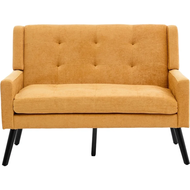 LVHOM 2-Sitzer Sofa aus Leinenstoff mit Knopfsteppung, Loveseat mit hochdichter Schaumstoffpolsterung und Massivholzbeinen, Stoffsofa für Wohnzimmer & Büro, bis 260kg, Gelb – Bild 2