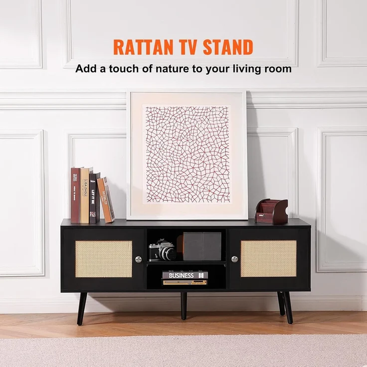VEVOR Rattan-TV-Ständer, Fernsehschrank Boho-TV-Schrank für 140 cm Fernseher, Retro-TV-Ständer, Rattan-TV-Konsole mit verstellbaren Regalen & 2 Türen, für Wohnzimmer, Medienraum, Schwarz – Bild 2