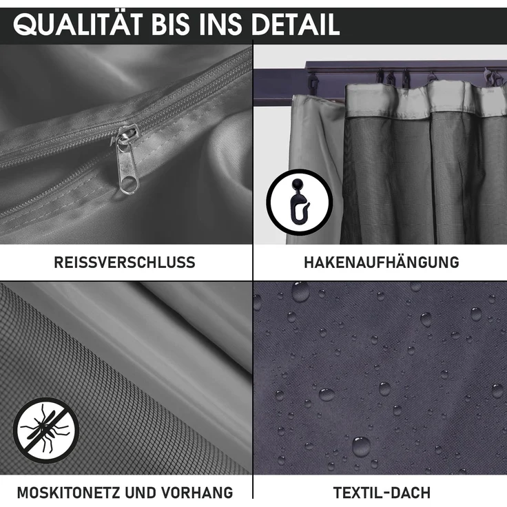 BRAST 'Infinity' Pavillon inkl. Moskitonetz und LED-Beleuchtung, wasserdicht, stabil, UV-Schutz, Aluminium, Grau, 4x4 m, mit Beleuchtung – Bild 5