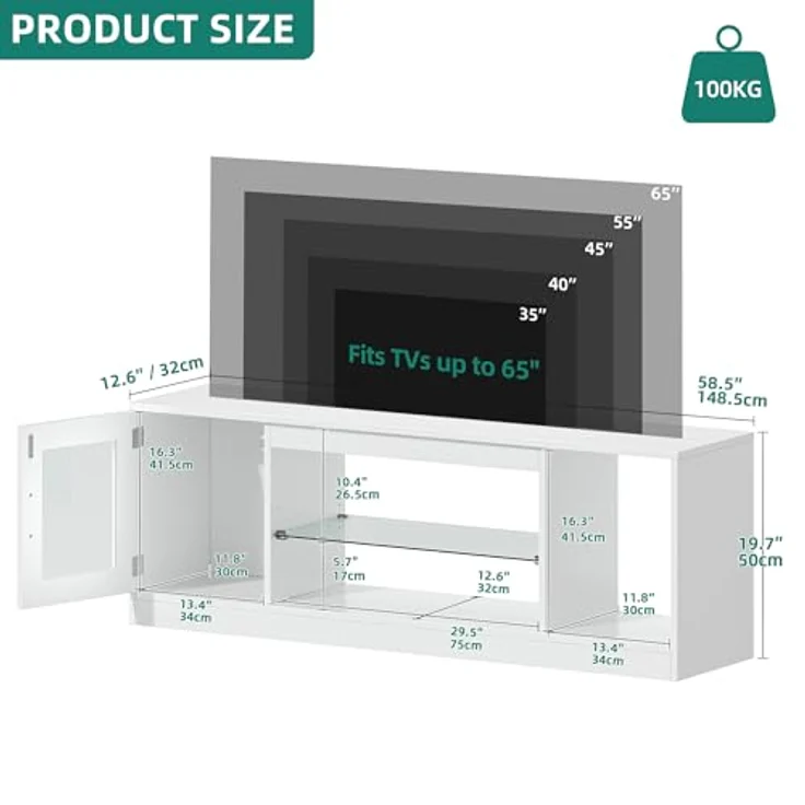 YITAHOME TV Schrank, TV Lowboard LED Weiß - Fernsehschrank Fernsehtisch mit RGB-LED-Leuchten Lowboard und Glasregal Fächern für 65 Zoll & kleinere TVs,für Wohnzimmer Schlafzimmer, B148 x H51 x T32 cm – Bild 3