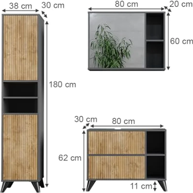 Vichy Badmöbel-Set Leano, 3-teilig, Anthrazit/Bergeiche, mit Waschbeckenunterschrank und Spiegelschrank, 80 cm – Bild 3