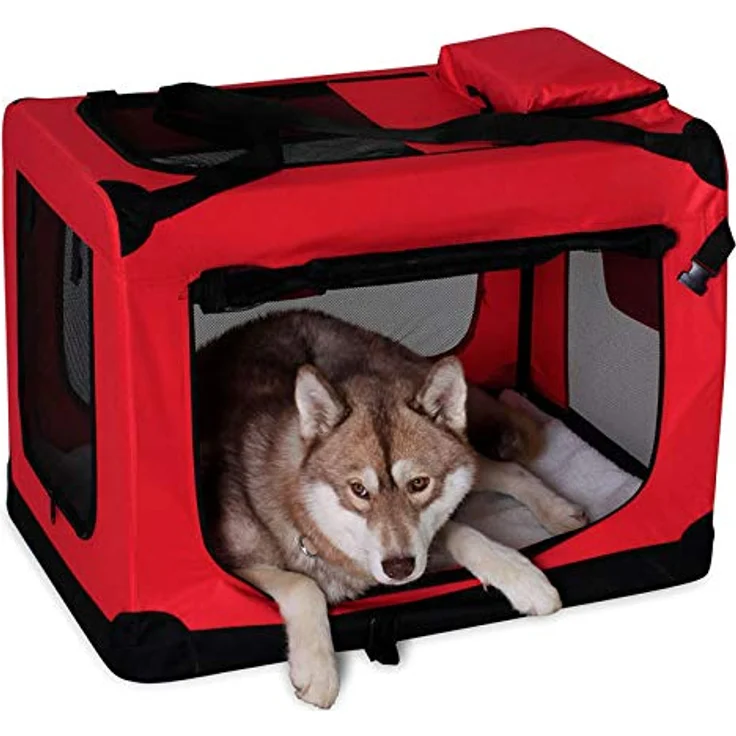 lionto Hundetransportbox, Faltbar, für Reise & Auto, 90x61x65 cm, Rot | Stabile Hundebox aus Stoff mit Netzfenstern, Tragegriffen, weicher Decke & Taschen, für Katzen & Hunde bis 22 kg geeignet – Bild 2