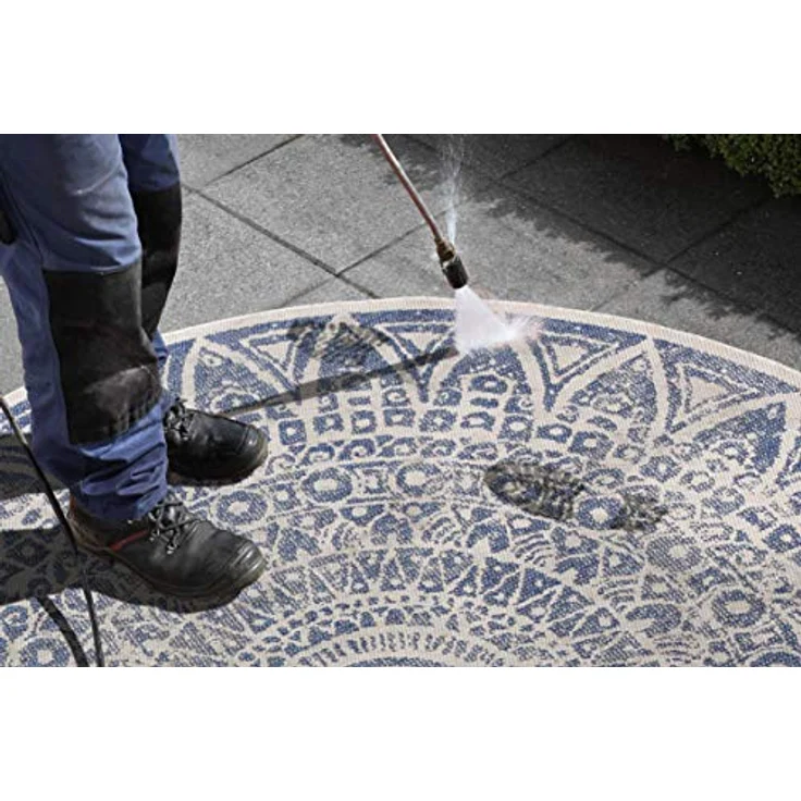 XXXL Flachwebeteppich Nora, rund, Blau und Creme, Mandala, Oeko-Tex® Standard 100, UV-beständig, pflegeleicht, für Fußbodenheizung geeignet, verschiedene Größen erhältlich – Bild 6
