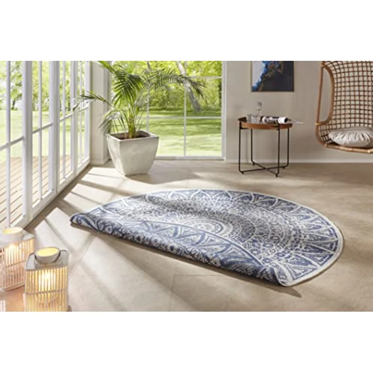 XXXL Flachwebeteppich Nora, rund, Blau und Creme, Mandala, Oeko-Tex® Standard 100, UV-beständig, pflegeleicht, für Fußbodenheizung geeignet, verschiedene Größen erhältlich – Bild 1