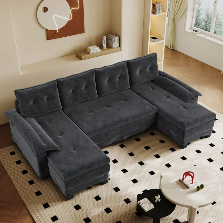 Wohnora-278 cm U-förmiges Schlafsofa, Convertible Sectional Couch with Pull-Out Bed, mit USB-Ladefunktion, abnehmbaren Armlehnkissen, Extragroßes, modulares Design, modernes Wohnzimmer-Sofa, graul,H 87cm x T 278cm x B 127cm,Grau – Bild 2