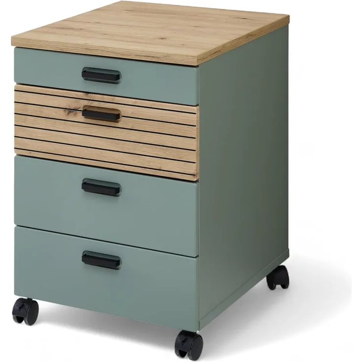 Stella Trading Glenn Rollcontainer Schreibtisch in Schilfgrün, Artisan Eiche Optik - Mobiler Büroschrank mit Schubladen - 45 x 66 x 55 cm (B/H/T)