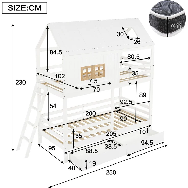 Merax Etagenbett, 90x200cm Kinderbett, Mit Schöne Fenster und Dach, Stabiler Lattenrost und Leiter, Mit zwei großen Schubladen, Weiß+Natur – Bild 4
