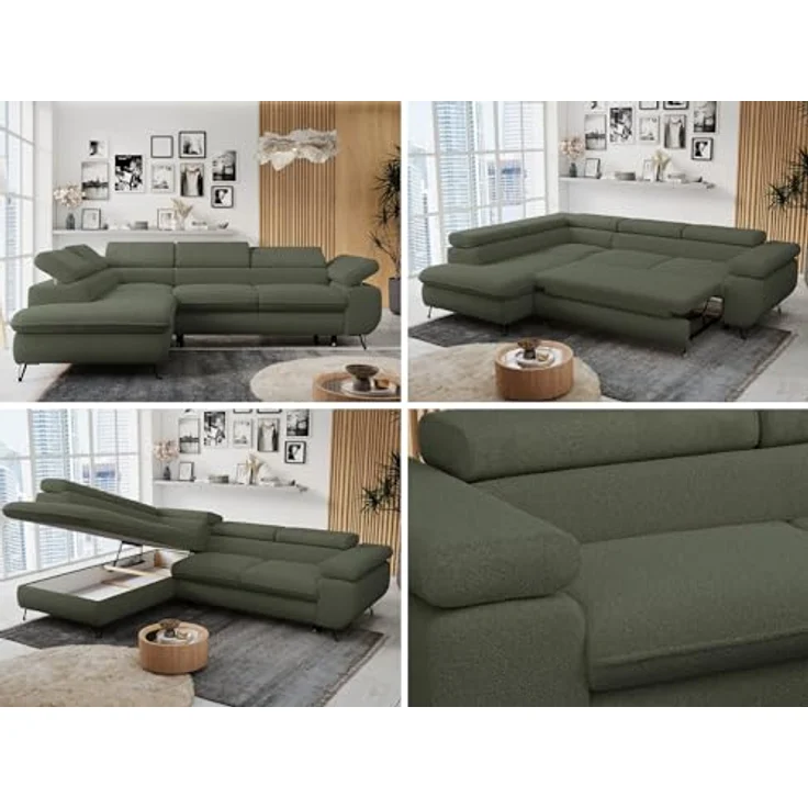 Mks Möbel 'Peter L-form' Ecksofa mit Bettfunktion, Bettkasten & einstellbaren Kopfstützen, Grün, Boucle, links – Bild 2