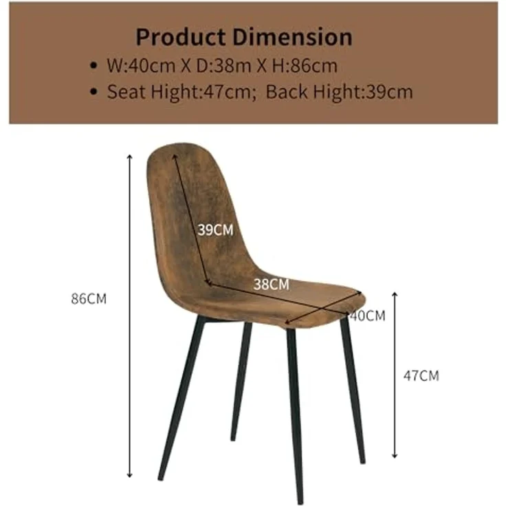 FurnitureR FR Charlton BRAUN A Beistellstühle für Wohnzimmer 4er Set Mid-Century Wildleder Gepolsterte Küche Esszimmerstühle mit schwarzen Metallbeinen, Metall, 40x38x86CM – Bild 3