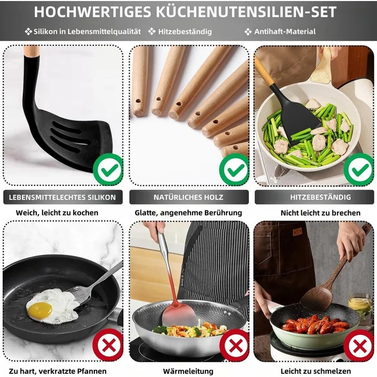 Rhein Beleuchtung Kochbesteck-Set Schwarzer Holzgriff Silikon Küchenutensilien Set 43 Teile (43-tlg, kochlöffel set, küchenhelfer, küchenutensilien), Lebensmittelechtes Silikon, Holzgriff für einfache Lagerung – Bild 3
