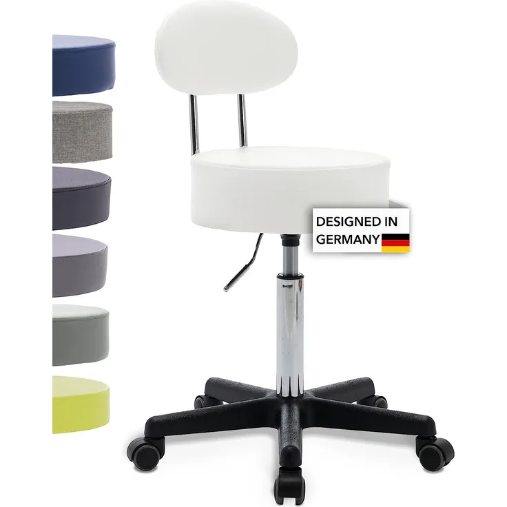 1stuff® Profi Rollhocker Bürohocker mit Lehne - Squash BACKLIKE -bis 180kg getestet* -bis 72cm - Rollen gebremst - Drehhocker Arzthocker Arbeitshocker Praxishocker (weiß)