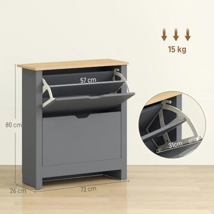 HOMCOM Schuhkipper verstellbar Schuhregal für 12 Paar Schuhe, Dunkelgrau, 72 x 26 x 80 cm, klappbare Schubladen, ideal für kleine Räume – Bild 3