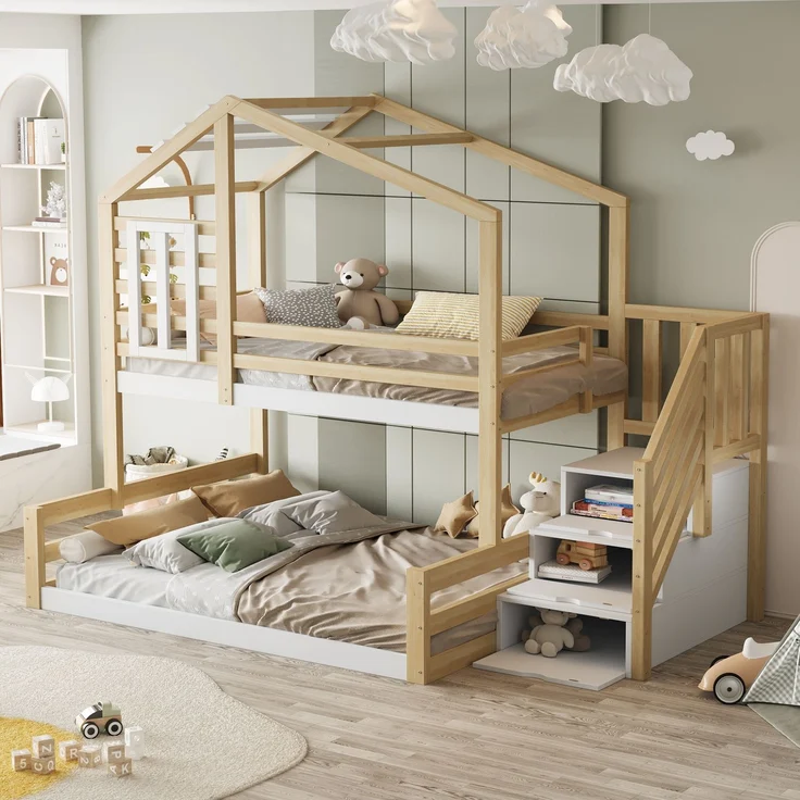 Etagenbett 140x200 Kinderbett Hausbett Kiefernholz+MDF, Geländer & Stauraum,Weiß & Natur – Bild 4