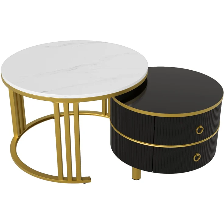 Couchtisch 2-teilig Set rund mit Marmormuster Gold und Schwarz Hochglanz Tischplatte mit Schubladen Stauraum – Bild 6