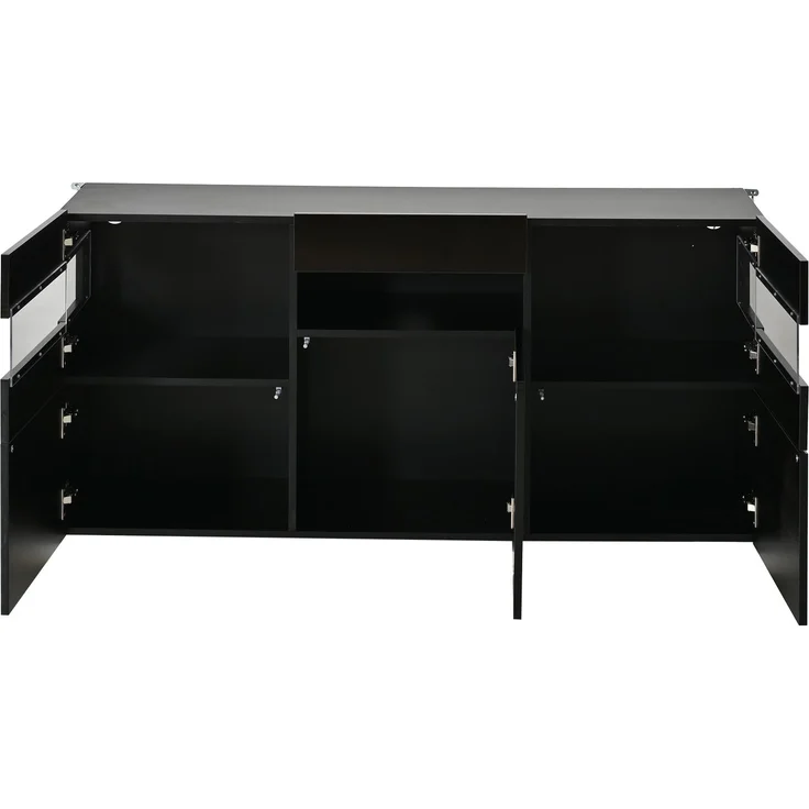 Merax 140cm Wohnzimmer-Sideboard, Kommode mit 3 Türen, Hochglanz-Wohnzimmerschrank mit LED-Lichtleiste, Transparentes Acrylgehäuse, Schrank mit 7 Ablagefächern, Schwarz – Bild 9