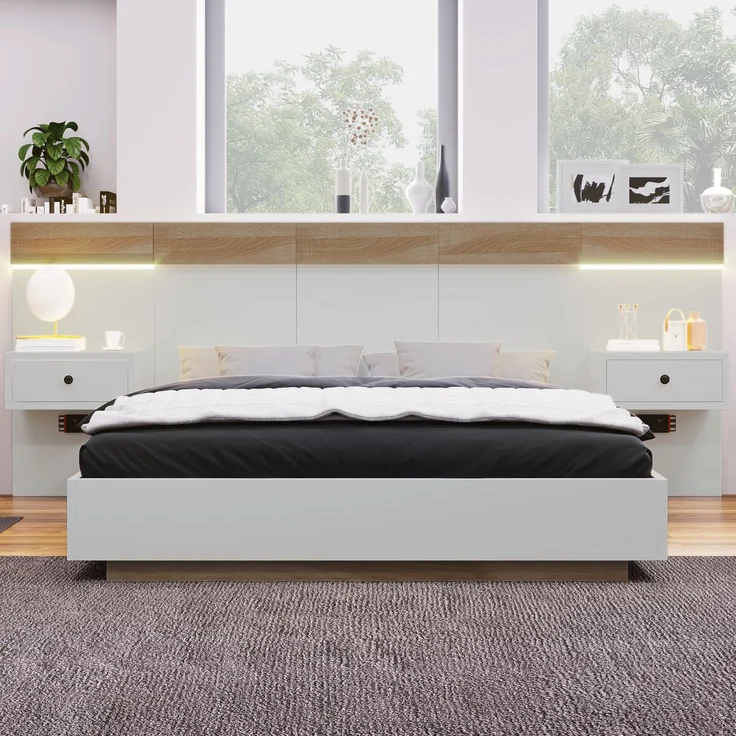EINHOM Doppelbett Bettanlage mit 2 LED Nachtkommoden & USB C Steckdose 180 x 200 cm Holzbett Inkl 2 Nachttischen Schlafzimmer Komplett--205 x 284 cm × 90,5 cm (t/B/H) Set in Eiche Sonoma/Weiß, (Ohne Matratze) – Bild 7