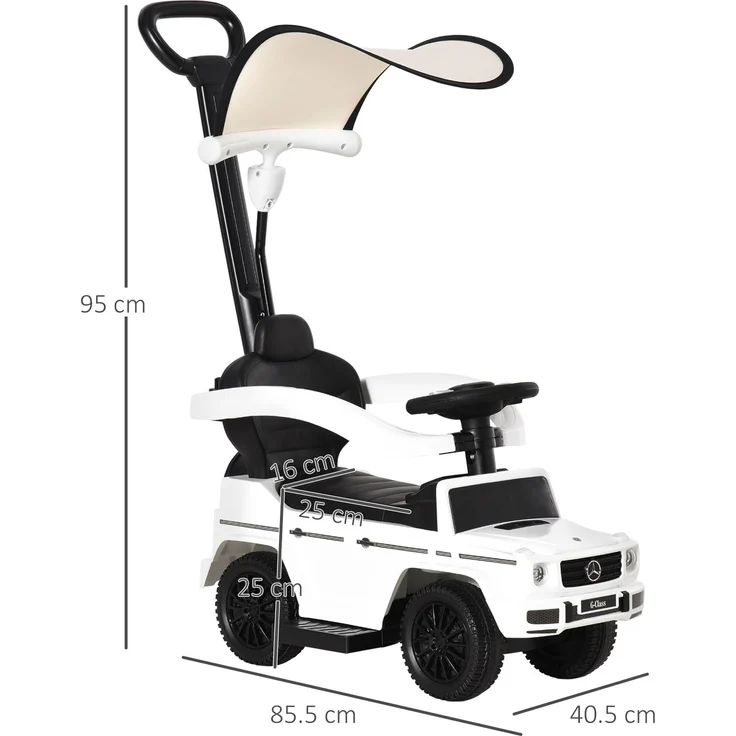 Schiebewagen für Kinder von 12 bis 36 Monaten mit Mercedes-Lizenz, Verdeck und Schiebegriff, 85,5 x 40,5 x 95 cm, Weiß – Bild 5