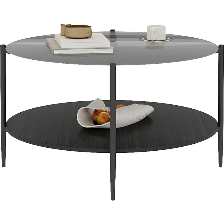 Couchtisch 82 x 82 x 45 cm, mit runder Tischplatte, mit Glastischplatte, aus Glas und Eisen und Holz, Schwarz – Bild 9
