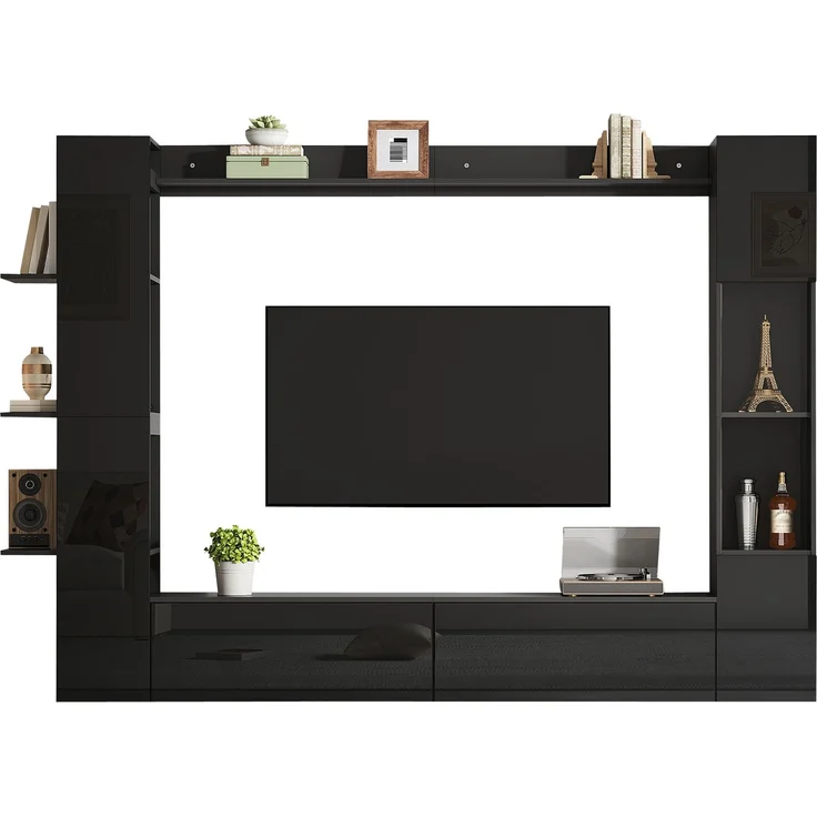 Wohnwand , Vitrinen Türanschlag wechselbar,(Set, 4-St), Kompaktwohnwand mit viel Stauraum,TV-Schrank, Vitrine, Aufbewahrungsschrank, speziell für das Wohnzimmer,Schwarz--Schwarz--245x30x170cm--YOUDENOVA – Bild 10