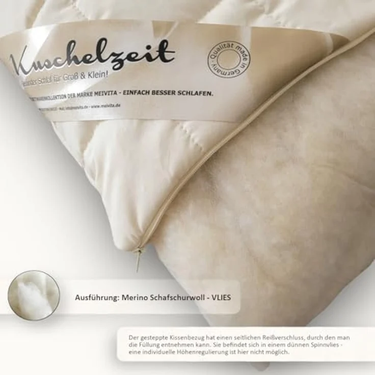 Meivita Naturhaarkissen Merino Schafschurwolle Kopfkissen, Füllung: 100% Wolle (Schurwollvlies), Bezug: 100% Baumwolle untersteppt mit 100% Wolle (Merino Schafschurwollvlies), Seitenschläfer, Rückenschläfer, Kissen Hergestellt in Deutschland – Bild 6