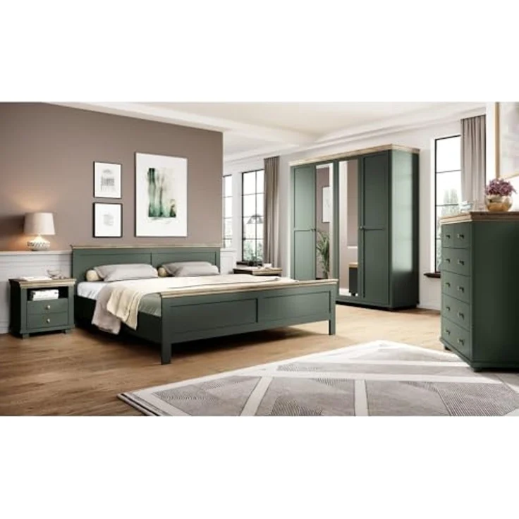 Kleiderschrank Landhausstil 200 cm breit EPSOM-83 mit 2 Spiegeln, 4 türig, in grün mit Lefkas Eiche Nb, B/H/T: ca. 200/216/62 cm – Bild 6