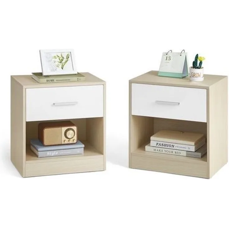 Vasagle Nachttisch, 2er Set, Beistelltisch, mit Schublade, Griff, offenes Fach, Couchtisch, für Schlafzimmer, Wohnzimmer, naturbeige-klassikweiß