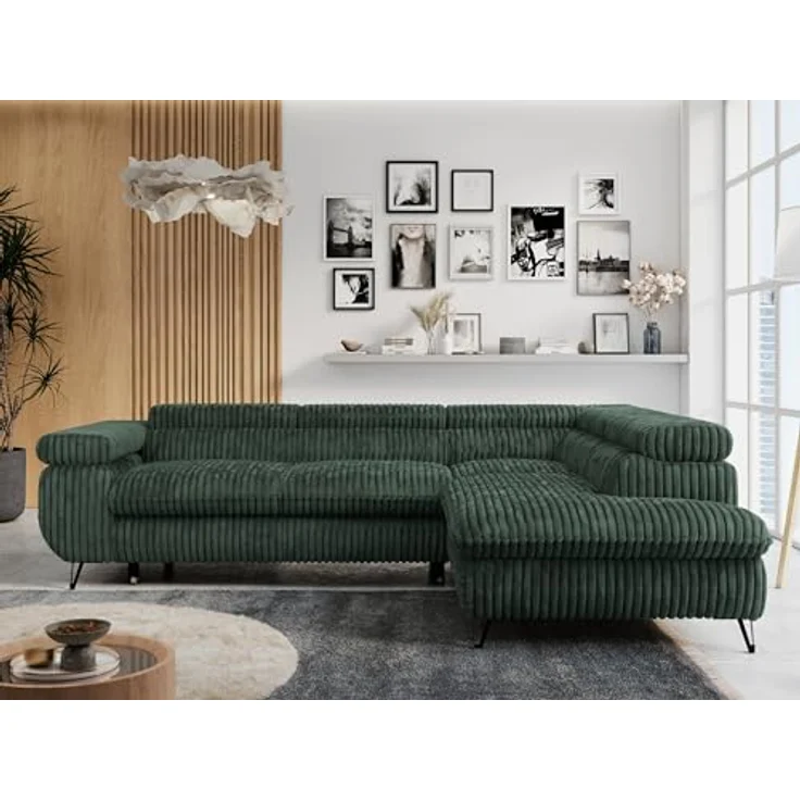 Mks Möbel 'Peter L-form' Ecksofa mit Bettfunktion, Bettkasten & einstellbaren Kopfstützen, Grün, Cord, rechts – Bild 3