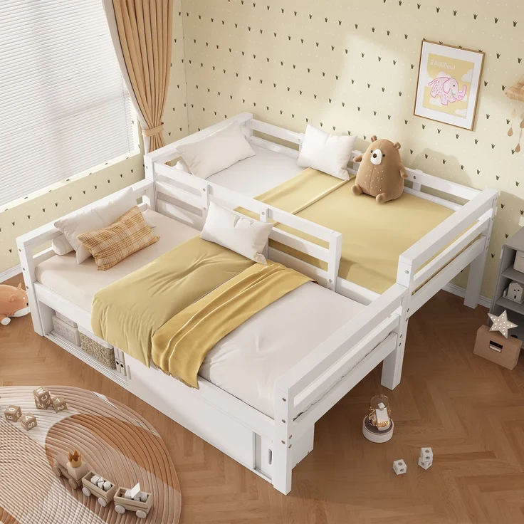 Bett als teilbares Etagenbett, 2 Liegeflächen à 90x200 cm, Weiß, mit Schiebetür-Stauraum, ohne Matratze – Bild 3