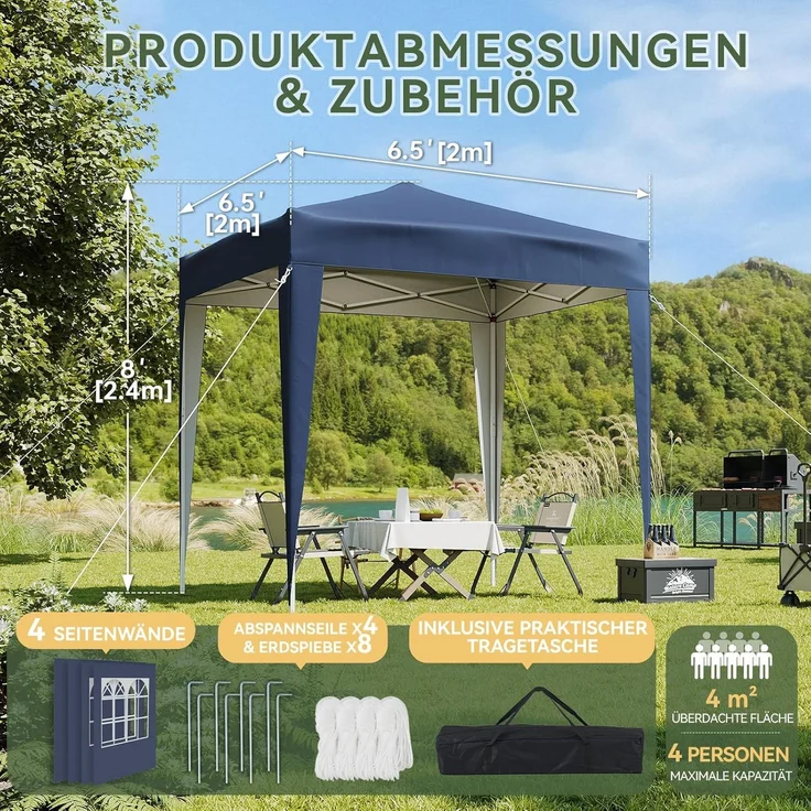 Aoxun Pop Up Pavillon 2x2m Wasserdicht mit 4 Seitenwänden, Metallrahmen-Schutzzelt, Höhe Verstellbar, Faltpavillon 2x2 mit Tragetasche für Camping Party, Blau – Bild 2