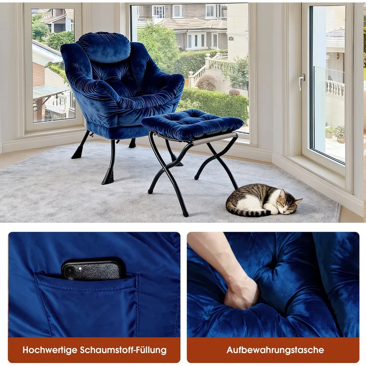 Loungesessel Set mit Hocker, Polyester Bezug, Metallgestell, bis 150kg, ergonomisch, klappbar, für Wohnzimmer Garten,Dunkelblau – Bild 4
