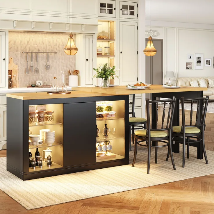 Merax Ausziehbarer Kücheninsel-Esstisch mit App-steuerbarer RGB-LED, 120-197cm, 360° drehbar, mit magnetischen Türen & Glas-Einlegeböden, Schwarz, belastbar bis 60kg