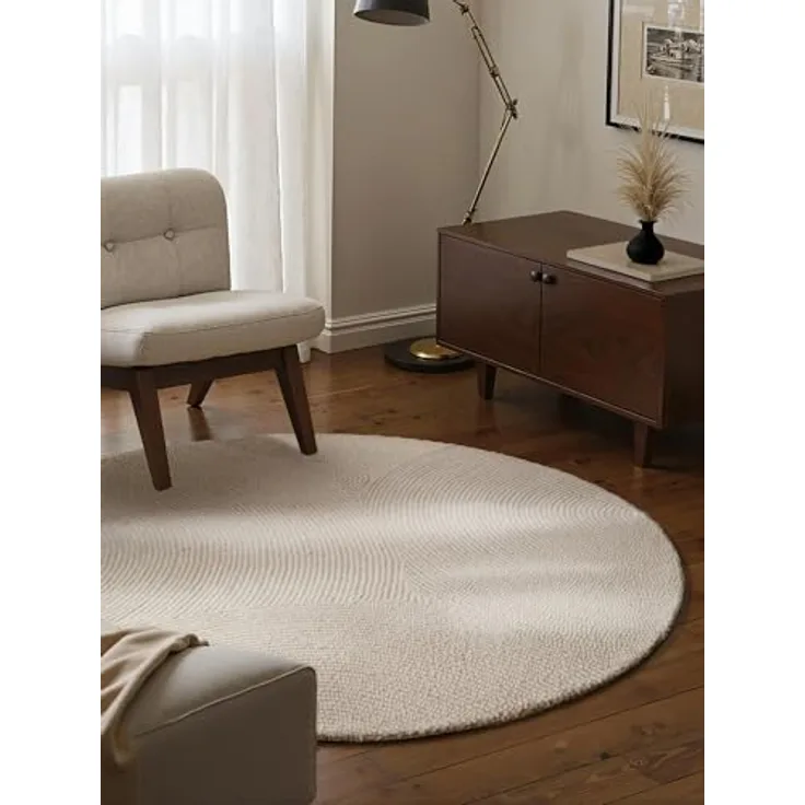 XXXL Wollteppich Eleni, Rund, Creme, Handgetuftet, Pflegeleicht, Für Fußbodenheizung Geeignet, 150 cm Durchmesser