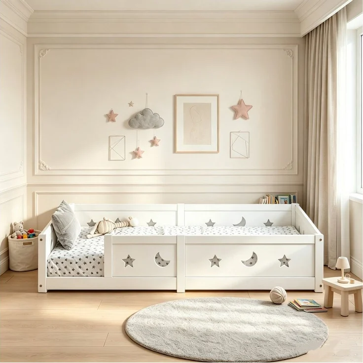 Simurq Kinderbett Weiß Holz, Montessori Bett mit Umrandung und Rausfallschutz (1 tlg, ohne Matratze, Mit Lattenrost), Bodenbett 90x200 cm, Sternen & Mond Design, für Jungen und Mädchen – Bild 4