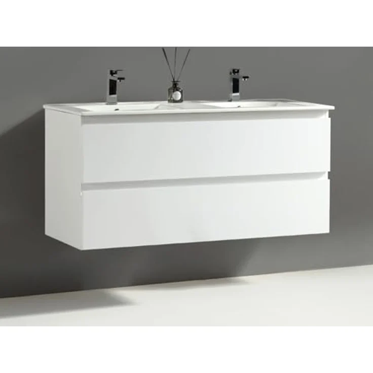 Alpenberger Badezimmer-Set Badezimmer Möbel Badschrank - Doppelwaschbecken mit Unterschrank, (Moderner Waschplatz, Keramik Waschbecken mit Überlauf), Doppelwaschtisch 120 cm Breit – Weiß Glänzend – Bild 2