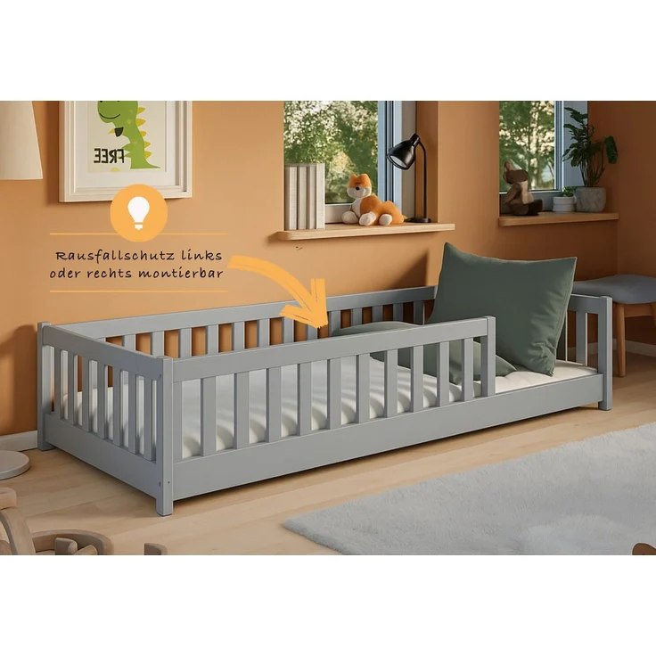 Kids Collective Kinderbett Bodenbett Bett mit Rausfallschutz & Lattenrost Montessori Bett Kinder (weitere Größen 80x160, 80x180, 90x200, 120x200, 140x200 cm), Jugendbett Einzelbett Aschgrau Kiefer 90x190 cm – Bild 4