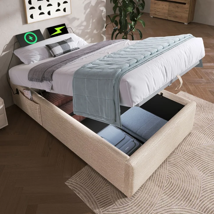 Polsterbett Einzelbett 90×190 cm, Struraumbett Bettgestell mit USB- C und Vollflächiger Lattenrost, Ohne Kopfteil, Leinen, Natürlich – Bild 1