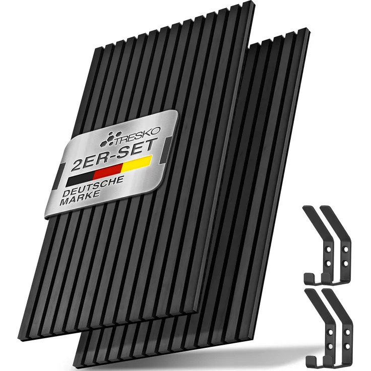 TRESKO® 2 Stück Akustikpaneele Holz 120×60 cm inkl. 4x Kleiderhaken | Wandverkleidung Eiche Schwarz als 3D Lamellenwand | Holzpaneele Paneele für Schallschutz | Akustik Wandpaneele mit Montageset