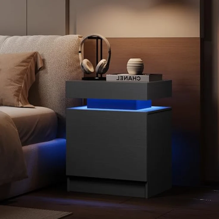 IRONCK Nachttisch Grau mit LED-Licht & Ladefunktion, Beistelltisch mit USB+Typ-C Anschlussen, Nachtschrank mit 2 Schubladen, Sofatisch für Schlafzimmer, Wohnzimmer, 35 x 48 x 60 cm – Bild 9