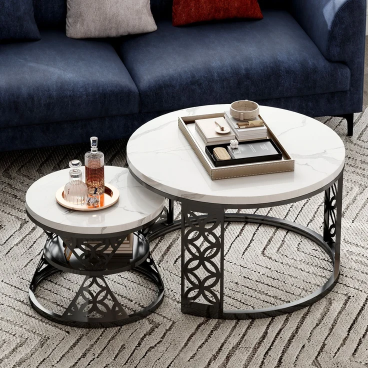 2er-Set Couchtisch nestbar 70x70x45 + 45x45x37 cm, Marmor-Furnier, Metallrahmen, Kontrastdesign – Bild 4