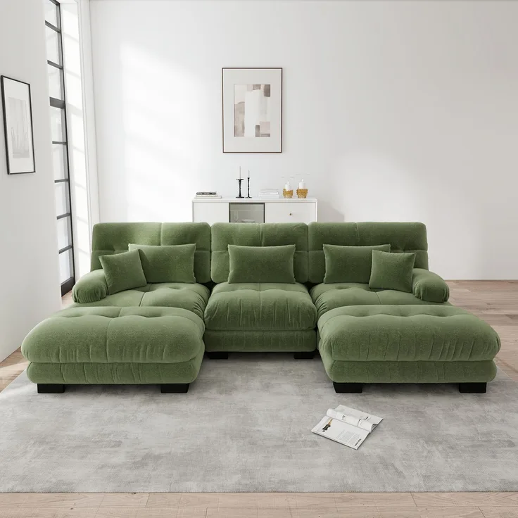 Wohnora-Luxuriöses Modulares Ecksofa - Übergroßes U-förmiges Cloud Couch für Wohnzimmer, Tiefensitz Verwandelbares Schlafsofa mit Ottoman, Chenille Grünes,H 81cm x T 313cm x B 145cm,Grün