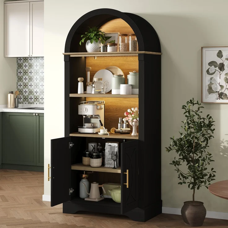 Highboard mit verstellbarer Regalböde und LED-Beleuchtung, Küchenschrank mit großem Stauraum, Ideal für Esszimmer, Wohnzimmer und Küche (Schwarz)--Schwarz--76.2x40x180cm--YOUDENOVA – Bild 1