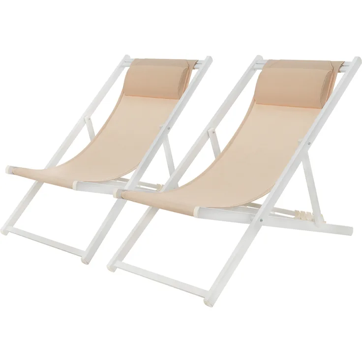 Mondeer 2er Set klappbare Sonnenliegen mit verstellbarer Kopfstütze, Weiß und Beige, Aluminiumrahmen, 135°-165° Neigungswinkel, 130 kg Tragfähigkeit