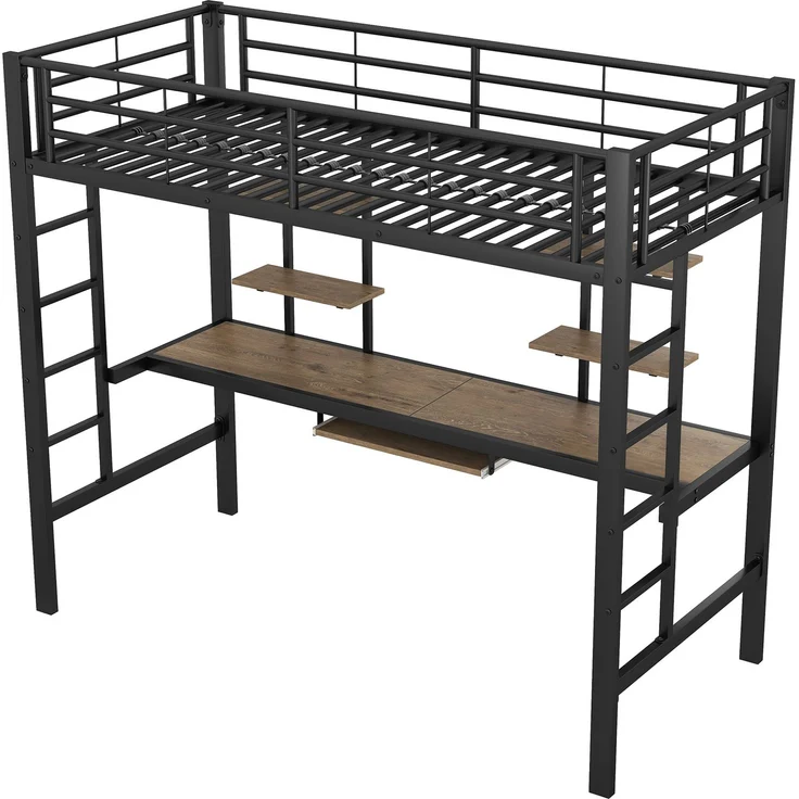 EINHOM Bettgestell Metallbett, Eisenbett, Hochbett mit Schreibtisch und Zwei Bücherregalen für Kinder, Jugendliche und Erwachsene, 90 x 200 cm, Schwarz, (Ohne Matratze) – Bild 3