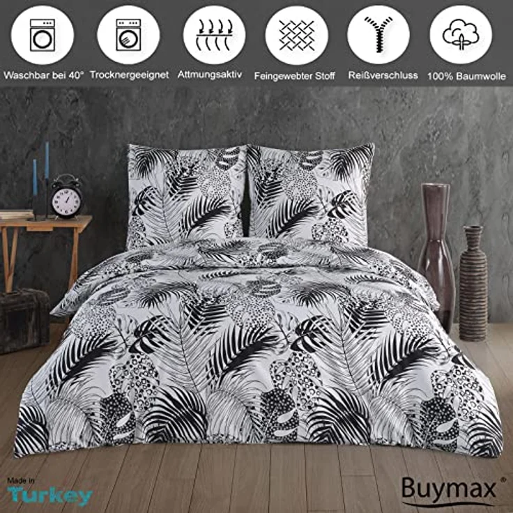 Buymax Bettwäsche Bettwäsche Bettbezug-Set Exotic, Renforce: 100% Baumwolle, 3 teilig, 200x220 cm, Reißverschluss Weiß Schwarz Palmenblätter Monstera Blätter – Bild 3