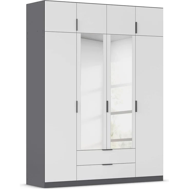 Rauch Möbel Lagoa, Kleiderschrank, Garderobe für Schlafzimmer, Kinderzimmer, Jugendzimmer 8-türig, mit Spiegel, 2 Schubladen, mit Zubehör Premium, Farbe Weiß/Grau metallic, Schwarz, Breite 181 cm