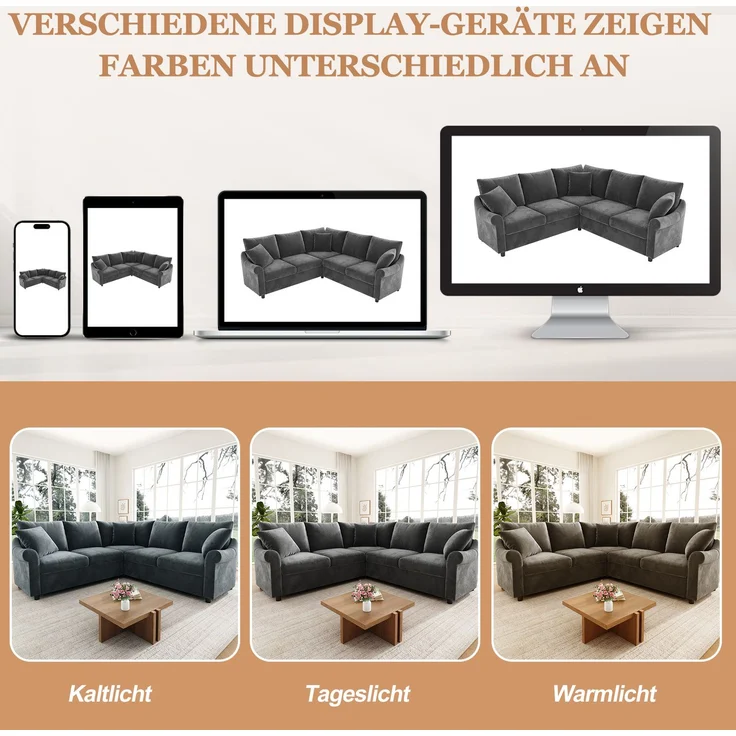 DESVIAE Sofa L-Form Grau aus Chenille – 217x83x217 cm – Taschenfederkern – Bild 4