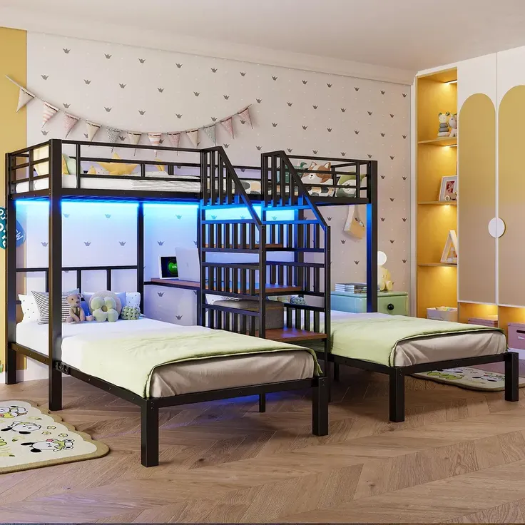 Etagenbett mit 3 Liegeflächen, Lattenrost, Rausfallschutz, Nachttisch, Treppe, Steckdose, USB, LED, 90x200cm, Kinderbett, Metallbett – Bild 3